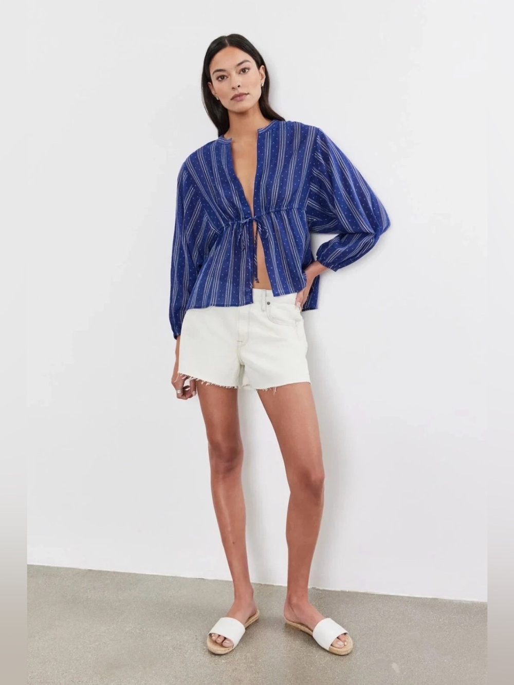 Velvet by Graham & Spencer Navy White Cotton Striped Drawstring Top NWT Size XS